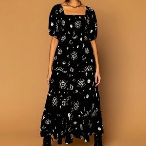 Dressed In Lala What's Your Sign Black White Smocked Maxi Dress Size XL